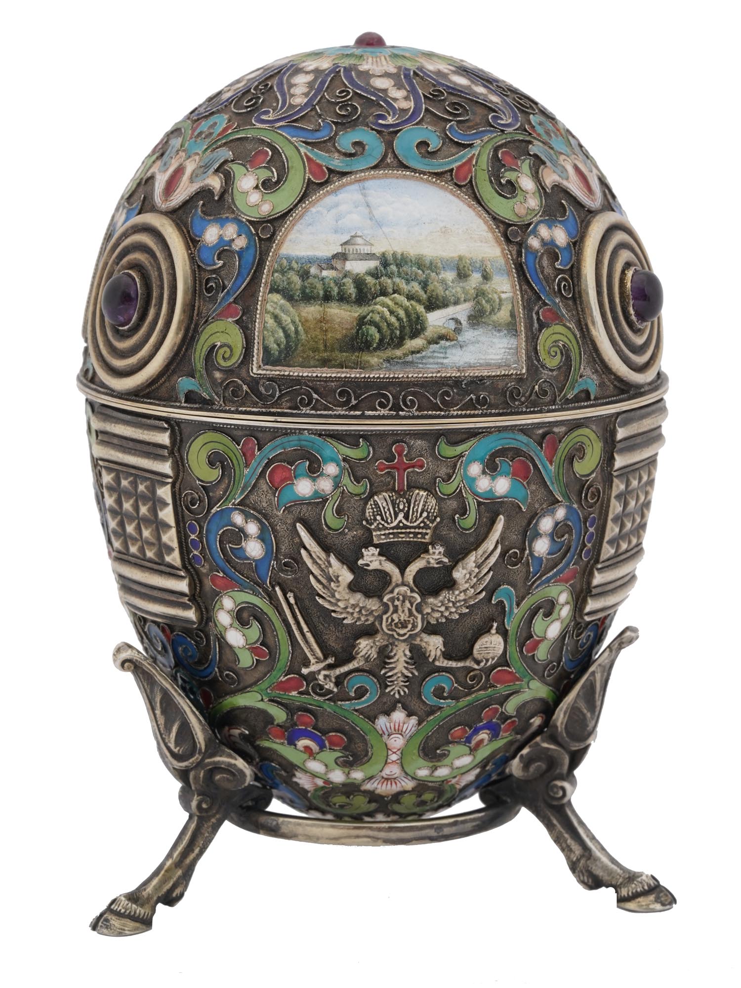 EXTRA LARGE RUSSIAN SILVER ENAMEL EGG WITH STAND PIC-2